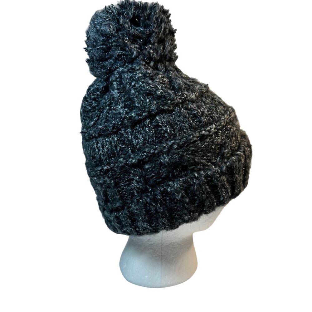 Love Of Fashion Women's Chunky Knit Faux Fur Lined Pom Pom Beanie Black Gray - Picture 4 of 6